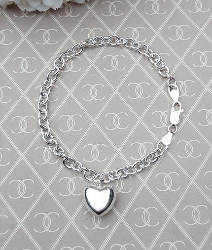 Sterling Silver Bracelet with Puffed Heart Charm 7.5"