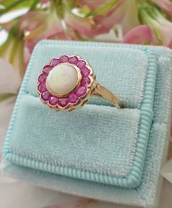 Victorian Inspired 14ct Yellow Gold Opal & Ruby Flower Ring