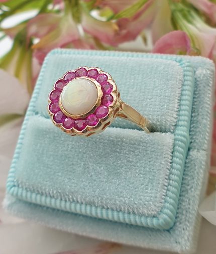 Victorian Inspired 14ct Yellow Gold Opal & Ruby Flower Ring