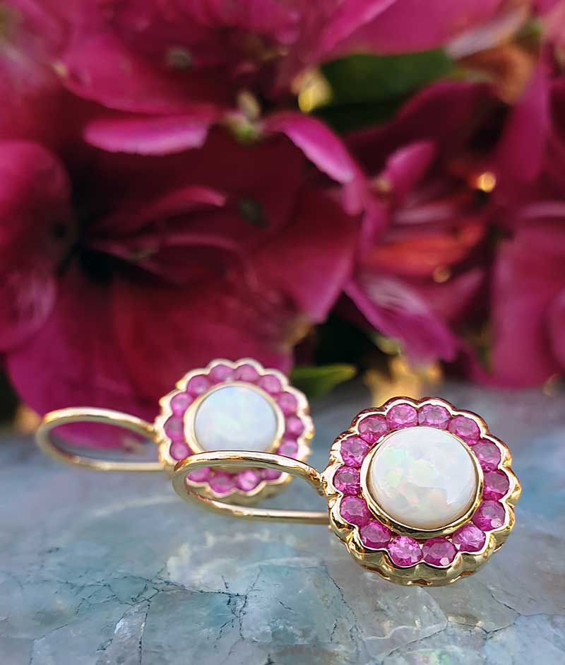 Victorian Inspired 14ct Yellow Gold Opal Ruby Flower Drop Earrings