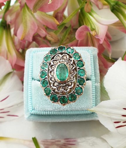 Eye Catching Art Deco Inspired 14ct Yellow Gold Rose Cut Diamonds and Emerald Ring