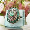 Eye Catching Art Deco Inspired 14ct Yellow Gold Rose Cut Diamonds and Emerald Ring