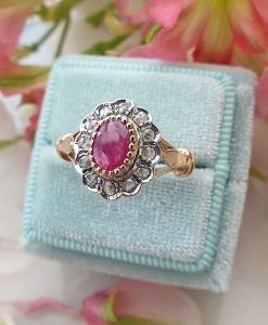 Vintage Inspired Floral Shaped 14ct Yellow Gold Ruby and Diamond Ring