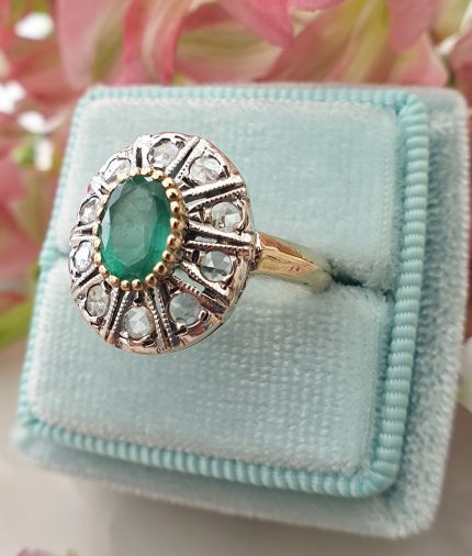 Art Deco Inspired 14ct Yellow Gold Brilliant-Cut Diamonds and Emerald Ring