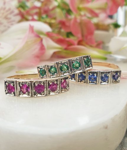 14ct Yellow Gold Half Eternity Stack Ring: Ruby, Emerald or Sapphire