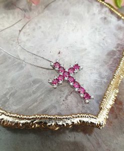 18ct White Gold Diamond & Ruby Cross Necklace