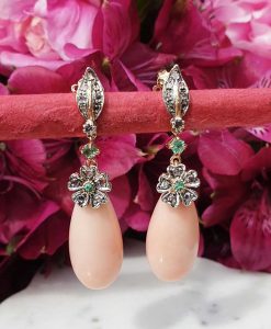 14ct yellow gold & pink coral drop earrings with diamonds and emeralds. Post & Butterfly