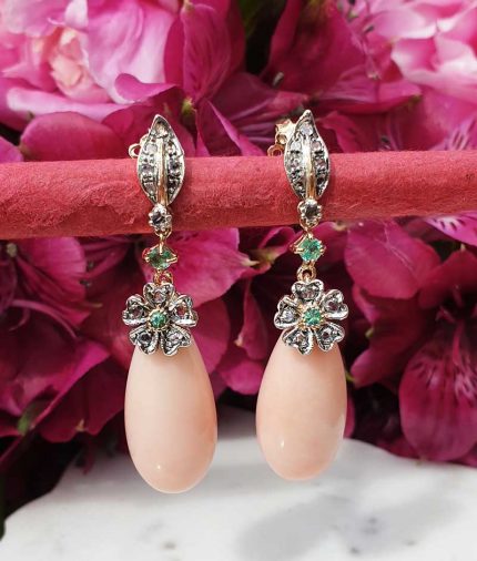 14ct yellow gold & pink coral drop earrings with diamonds and emeralds. Post & Butterfly