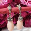 14ct yellow gold & pink coral drop earrings with diamonds and emeralds. Post & Butterfly