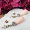 14ct yellow gold & pink coral drop earrings with diamonds and emeralds. Post & Butterfly