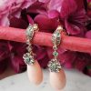 14ct yellow gold & pink coral drop earrings with diamonds and emeralds. Post & Butterfly