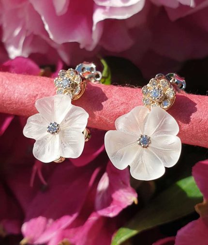 14ct Yellow Gold Flower Earrings In Rock Crystal & Diamonds