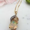Nature inspired 14ct Yellow Gold Diamond and iredescent Opal necklace