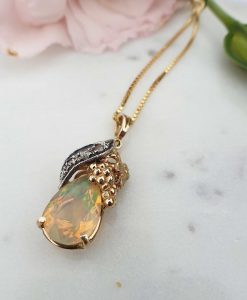 Nature inspired 14ct Yellow Gold Diamond and iredescent Opal necklace