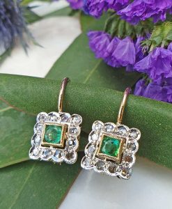 14ct Rose Gold Square Diamond Drop Earrings Emerald or Sapphire