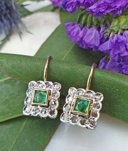 14ct Rose Gold Square Diamond Drop Earrings Emerald or Sapphire