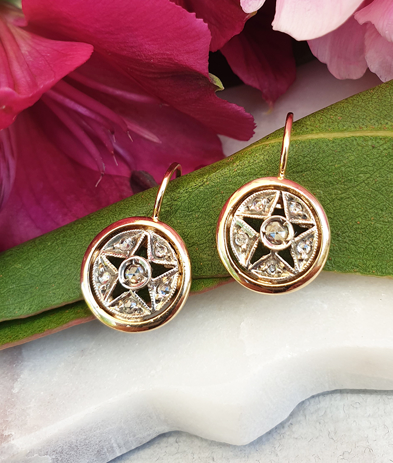 Edwardian Inspired 14ct Yellow Gold Diamond Star Shaped Earrings
