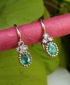 Beautiful Dainty 14ct Yellow Gold with Diamond and Emerald Drop Earrings