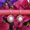 14ct yellow gold opal and ruby flower shaped drop earrings. Leaver back