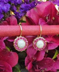 14ct yellow gold opal and ruby flower shaped drop earrings. Leaver back