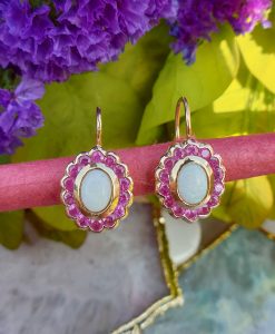 Opal Earrings with Halo of Rubies in a Vintage Style Design