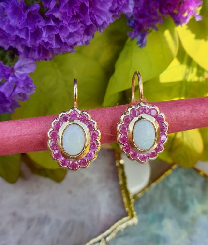 Opal Earrings with Halo of Rubies in a Vintage Style Design