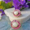 Opal Earrings with Halo of Rubies in a Vintage Style Design