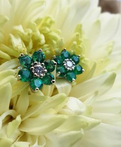 18ct White Gold Flower Shaped Emerald & Diamond Earrings