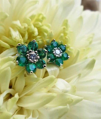 18ct White Gold Flower Shaped Emerald & Diamond Earrings