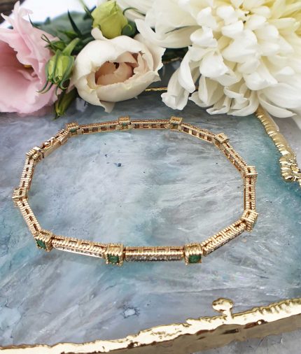 Elegant 14ct Yellow Gold Emerald and Diamond Bracelet 8"