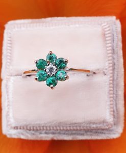 18ct White Gold Gemstone & Diamond Flower Ring: Ruby, Emerald or Sapphire