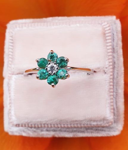 18ct White Gold Gemstone & Diamond Flower Ring: Ruby, Emerald or Sapphire