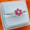 18ct White Gold Gemstone & Diamond Flower Ring: Ruby, Emerald or Sapphire